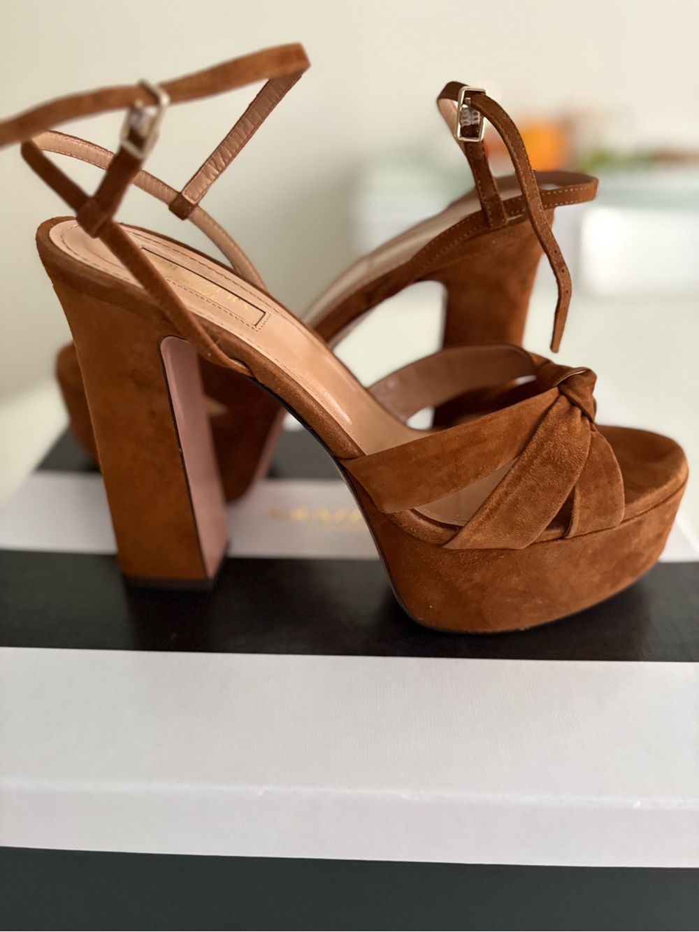 Aquazzura Brown Suede Knotted Platform Block Heel Sandals